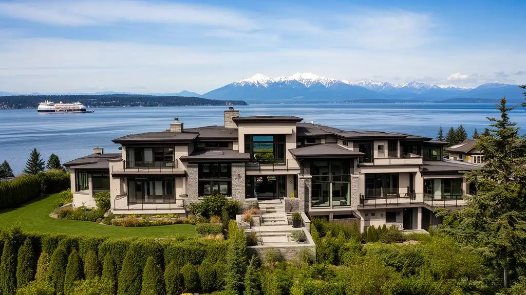 Luxury waterfront home in Mukilteo, Washington with Puget Sound ferry and Olympic Mountain views