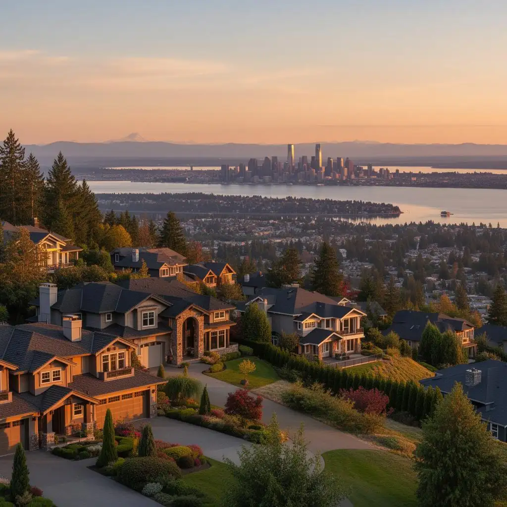Luxury hilltop homes in Newcastle, Washington overlooking Lake Washington and the Seattle skyline
