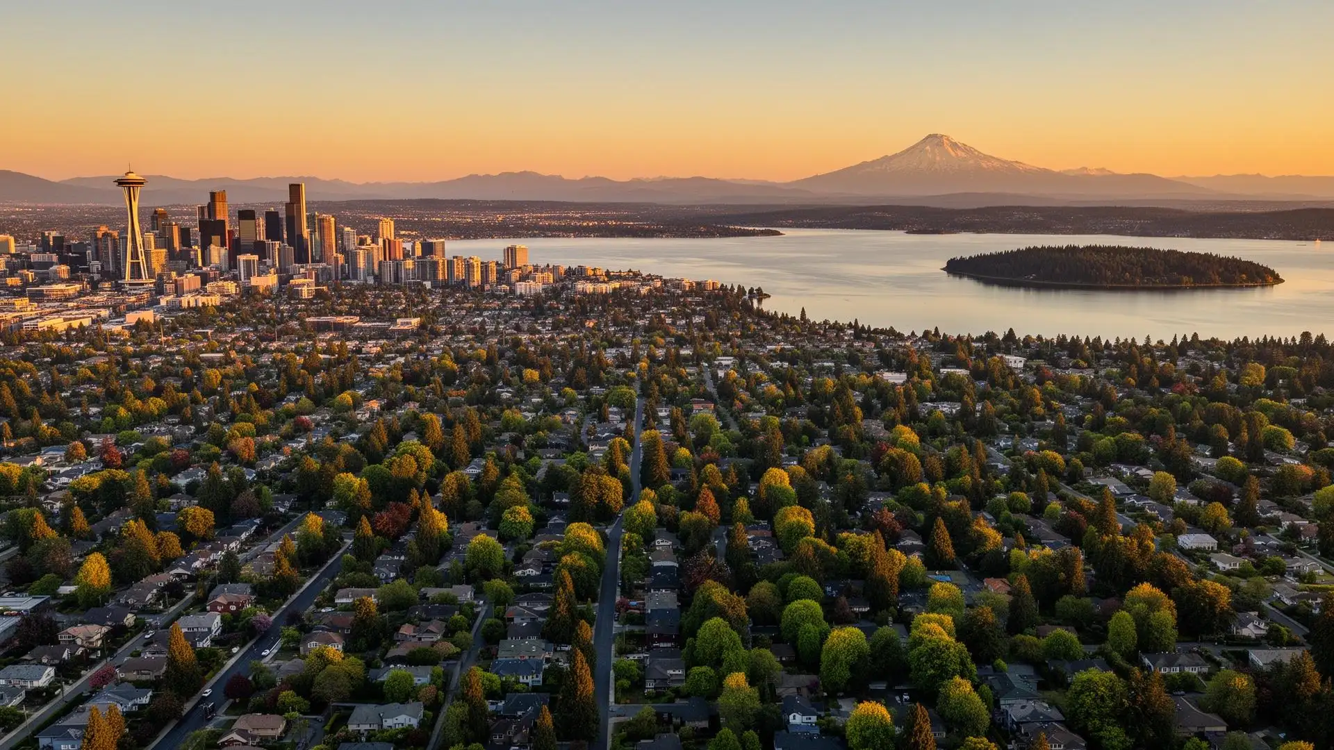 Aerial view of Greater Seattle metro area including Lake Washington, Mercer Island, and Mount Rainier